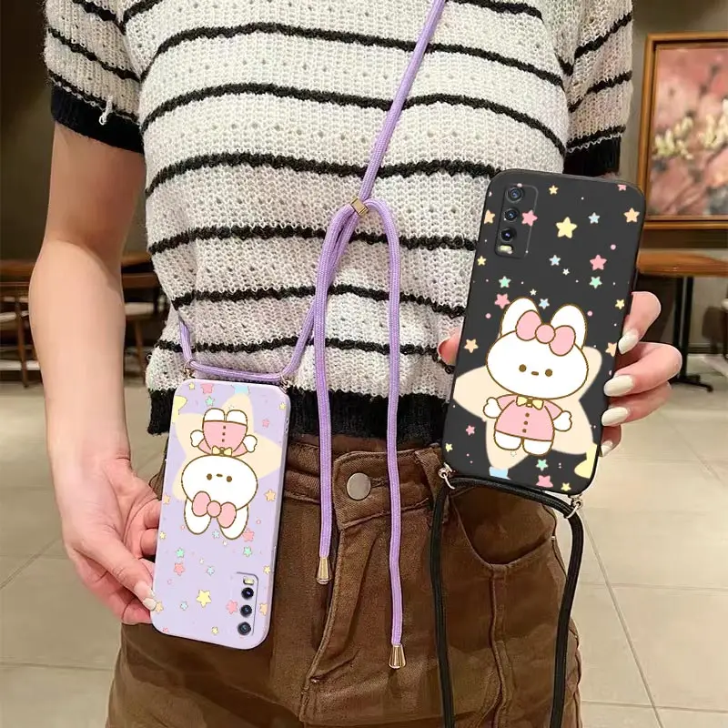 Y20 Little White Rabbit Lanyard Silicone Phone Case For VIVO Y20 Y20i Y21T V30E V25 Y78 V21 Y35 Y53 Y76 Y18 Y22 Y20S V23 Cover