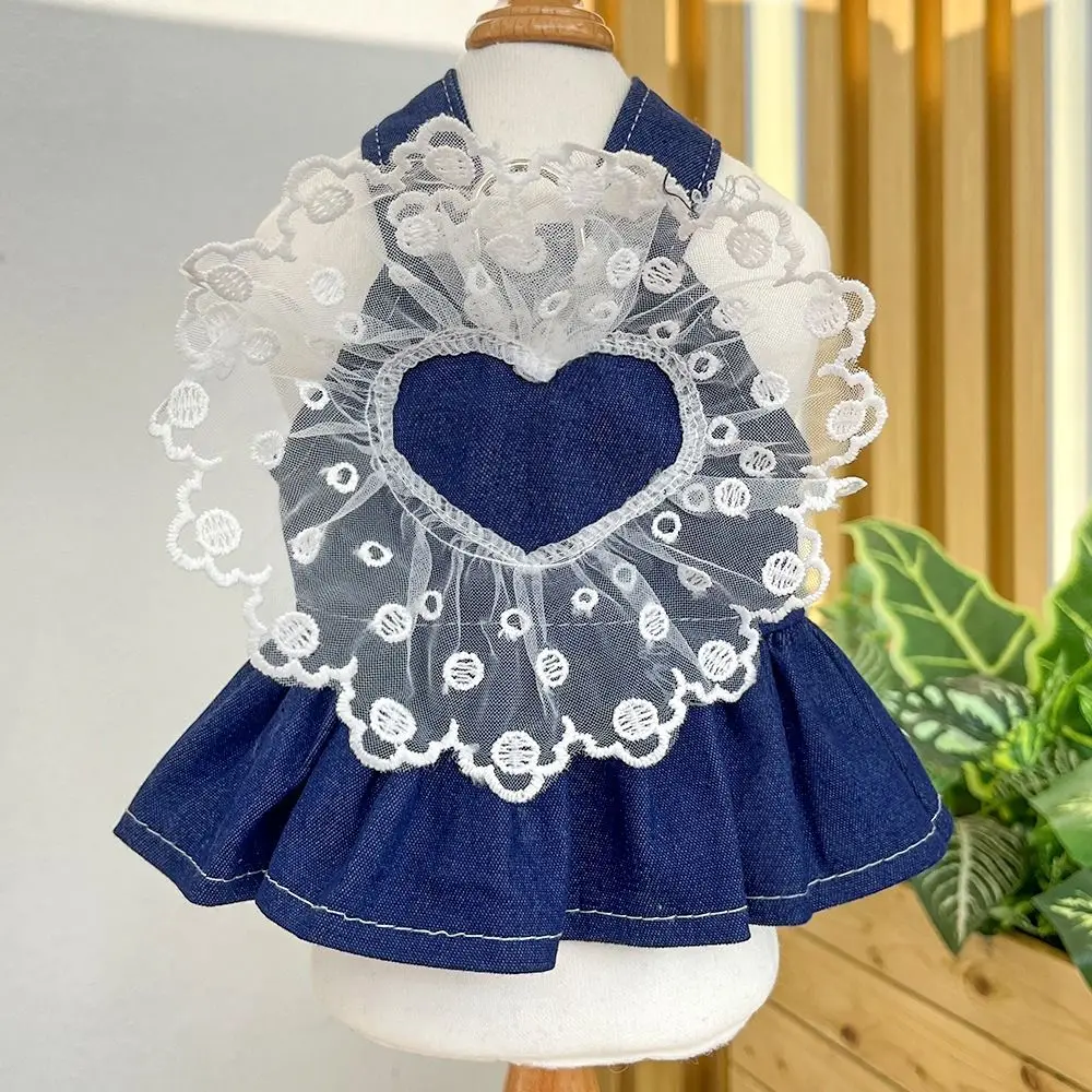 Cat Clothing Cute Dog Denim Dresses Fashion Heart Dog Cowboy Strap Dress with Ruffles Pet Princess Dress Spring Summer