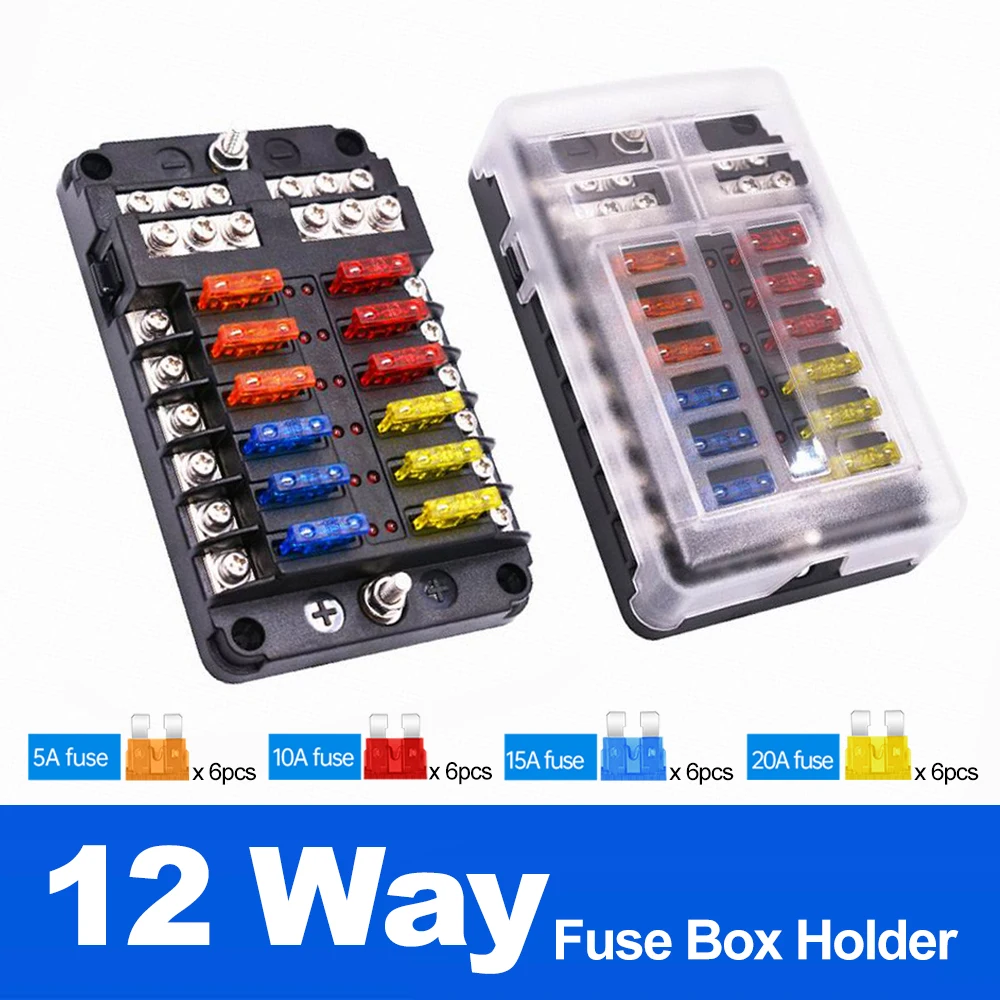 Car Boat Fuse Box Holder With 12 Way Blade Fuse Holder Block & Warning Indicator 12V~24V Power Distribution Panel Board