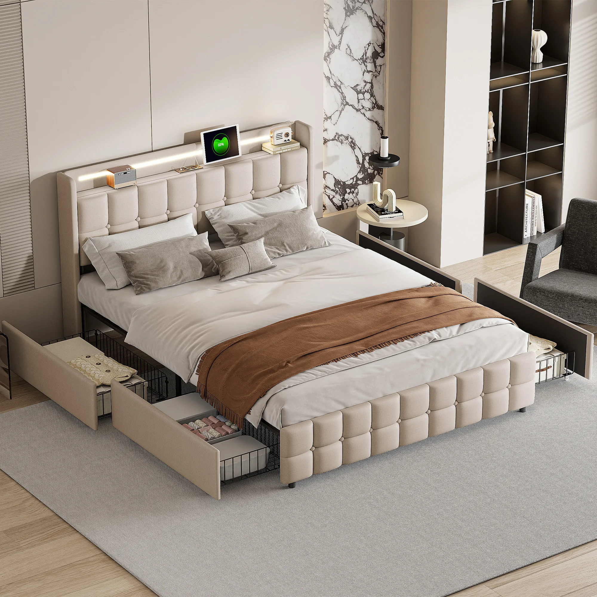 Cama tapizada en lino Comanlai, cama doble con cabecera LED RGB con carga USB y 4 cajones de almacenamiento para organizar el dormitorio