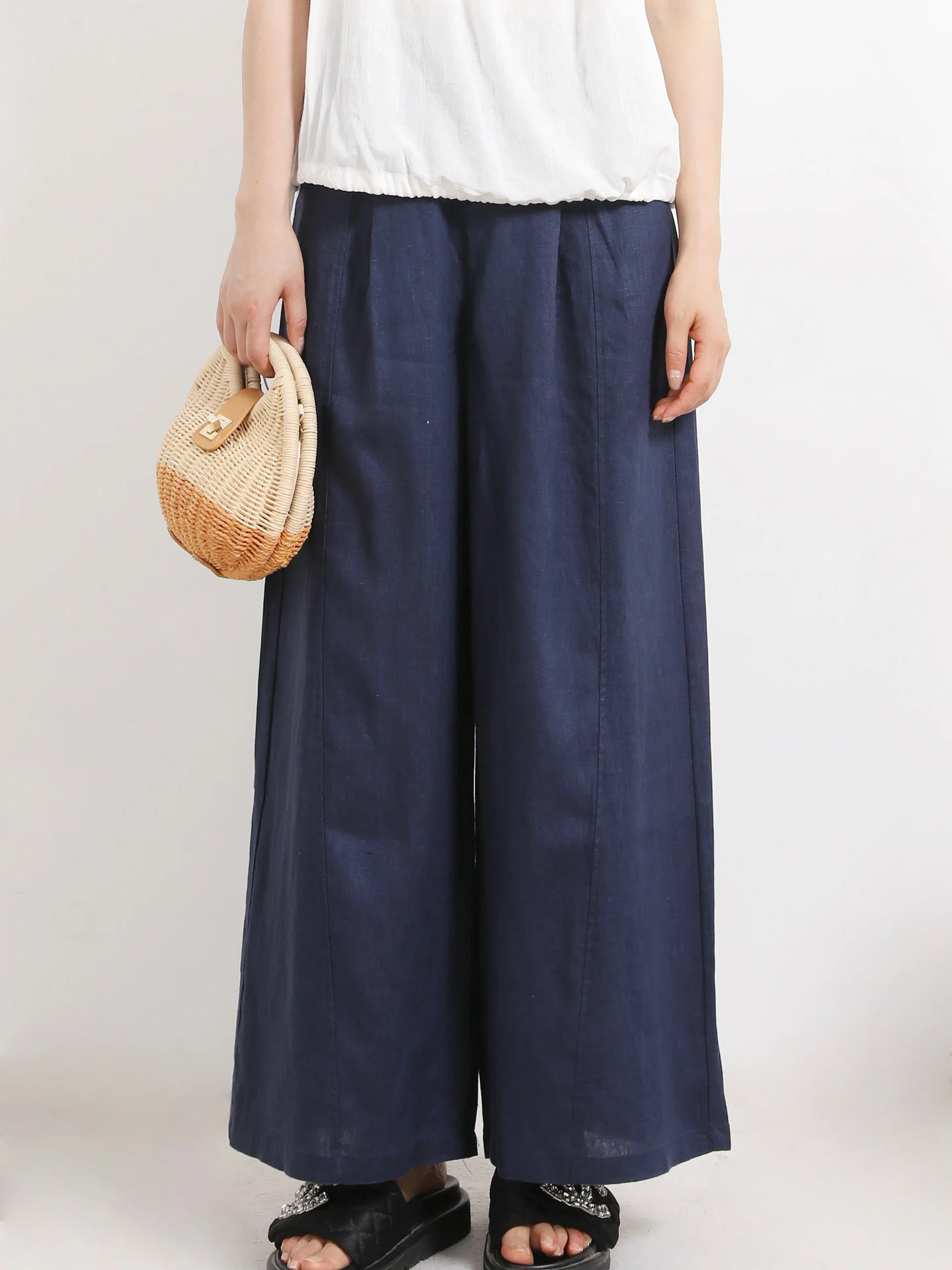 

Удобные льняные брюки с широкими штанинами, высокой талией, укороченные, повседневные, прямые, женские, дышащие, универсальные, стройнящие, для работы и отдыха