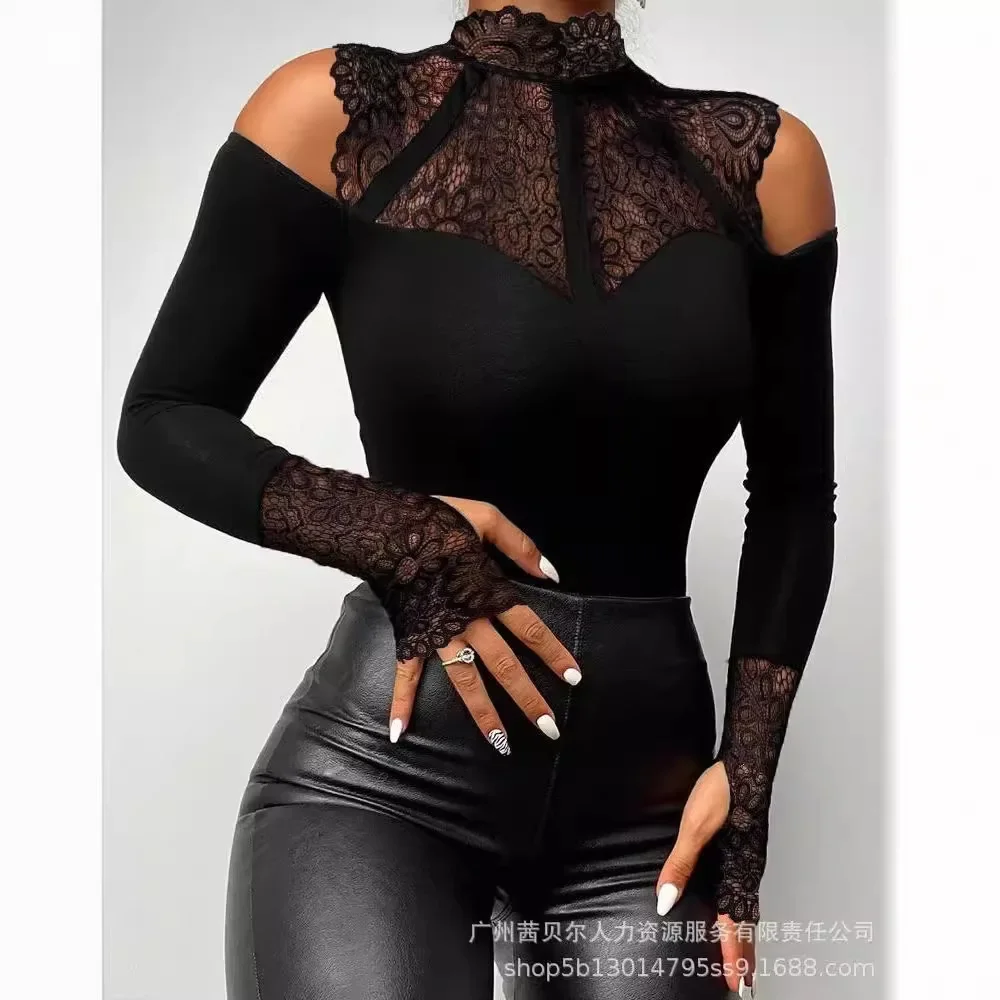 Temperament Hollow Spring And Summer Fashion Casual Bottom Street Long Sleeve Women's Lace Splicing Tights Bodysuit 2024 Top