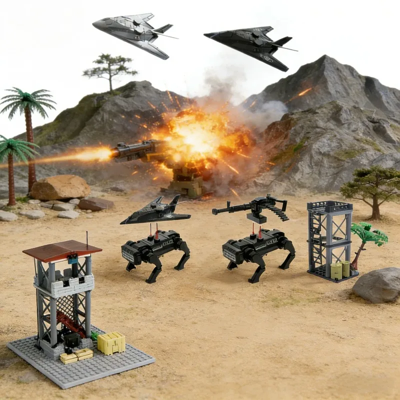 

MOC Creative Military Series War Scenes Sentry Tower Fighter Aircraft Mechanical Integration Model Assembly Parts Boy's Gift