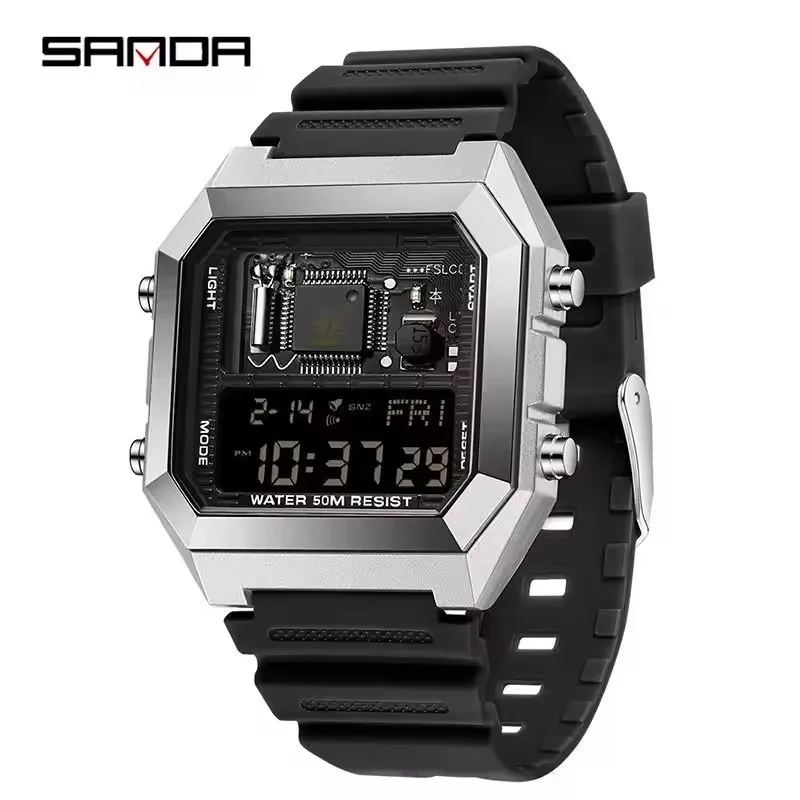 

SANDA 6216 Men's Fashion Electronic Watch Student Square Dial Waterproof Multi functional Calendar Sports Watch reloj hombre