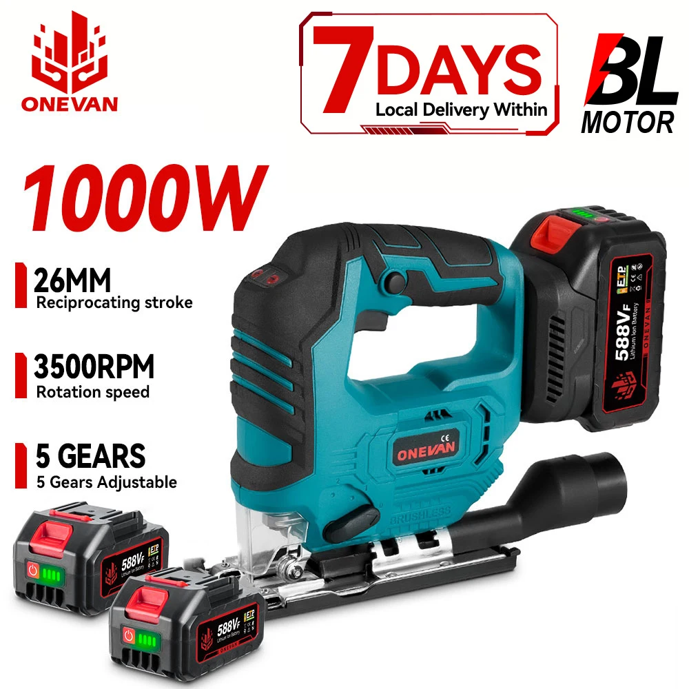 ONEVAN 1000W scie sauteuse électrique sans brosse 3500 tr/min scie à main sans fil outil électrique de coupe de bois et de tuyaux pour broche de batterie Makita 18V