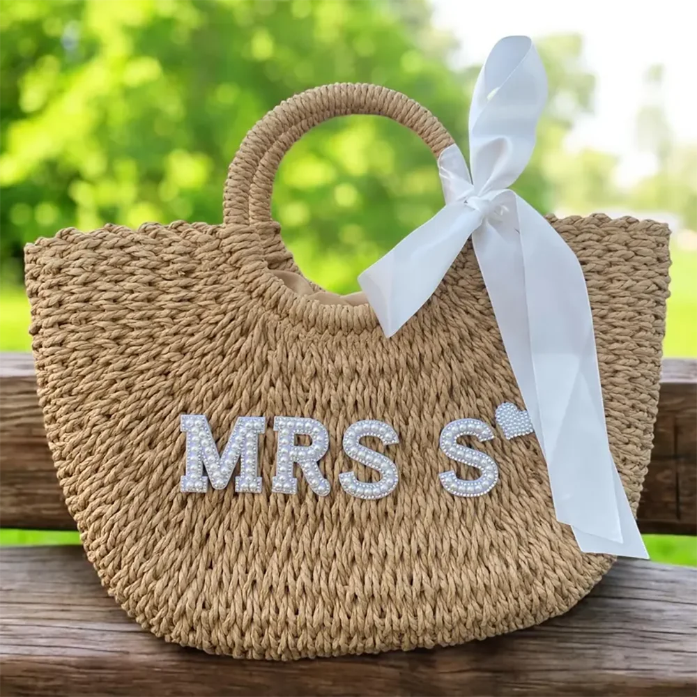Bolso de playa de paja personalizado para la novia, regalo para despedida de soltera, con perlas y pedrería