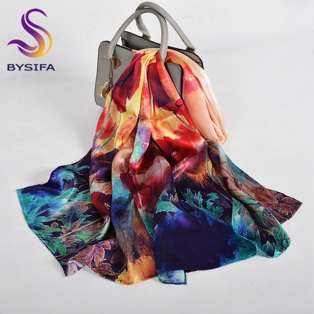 

BYSIFA|Winter Blue Red Silk Shawl Scarf New Floral Long Scarves Hijabs Printed Fashion Accessories Brand Head Neck Scarves Wraps