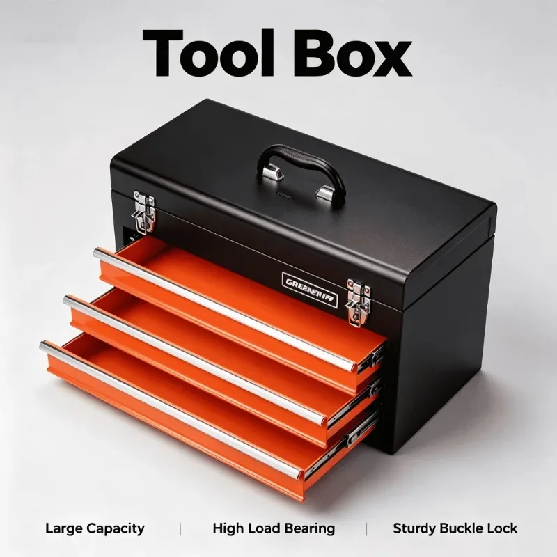 Portable Metal Tool Box Heavy Duty Lockable Handheld Storage Organizer for Electrician Mechanic Hardware Garage Tool Case