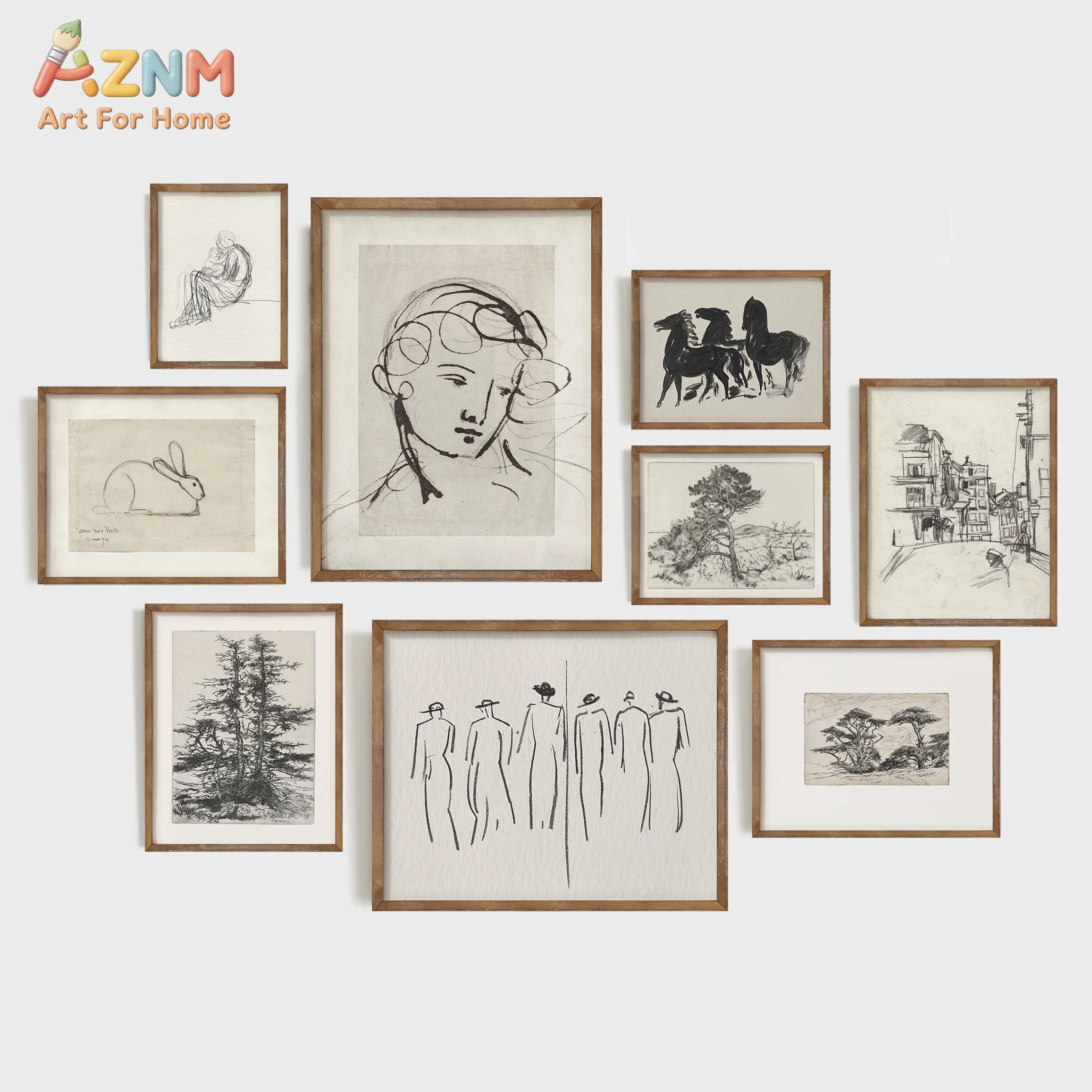 AZNM Vintage Black Sketch Canvas Print Figure Horse Rabbit Tree Street Scene Minimalist Neutral Antique Drawing Gallery Wall Dec