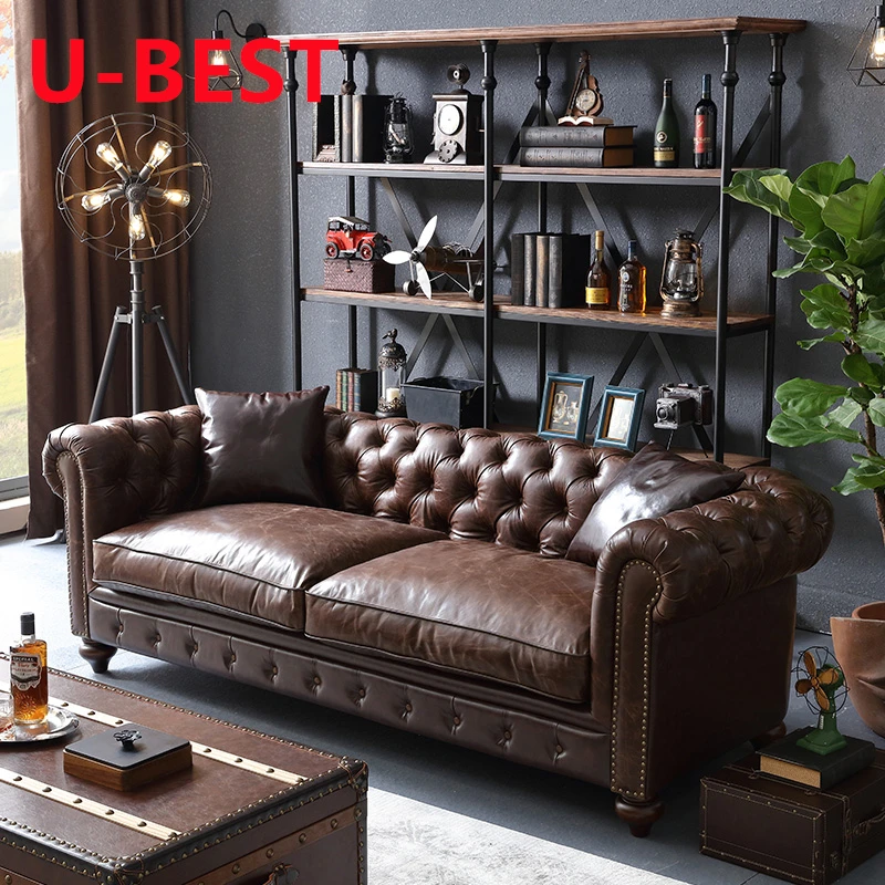 U-BEST Customized Retro Living Room Genuine Leather Chesterfield Corner Sofa Set  Industrial Style 2 seater Sofa