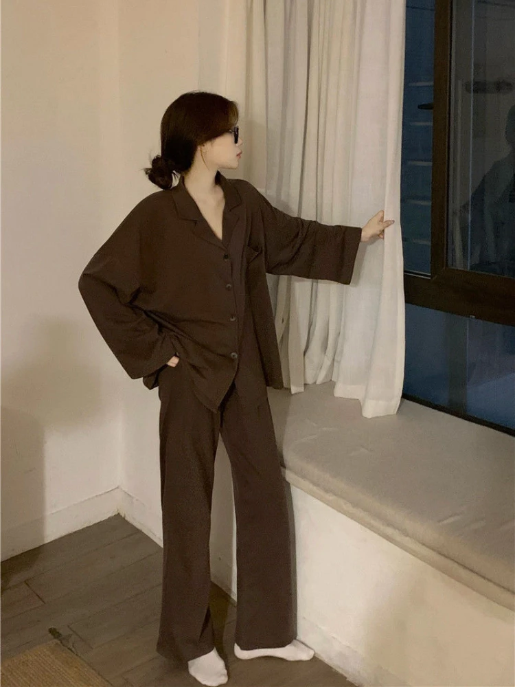 Pajama Sets Women Autumn Couple Solid Vintage Comfortable Ins Sleepwear Leisure Daily Unisex Ulzzang Basic Casual Homewear Cozy