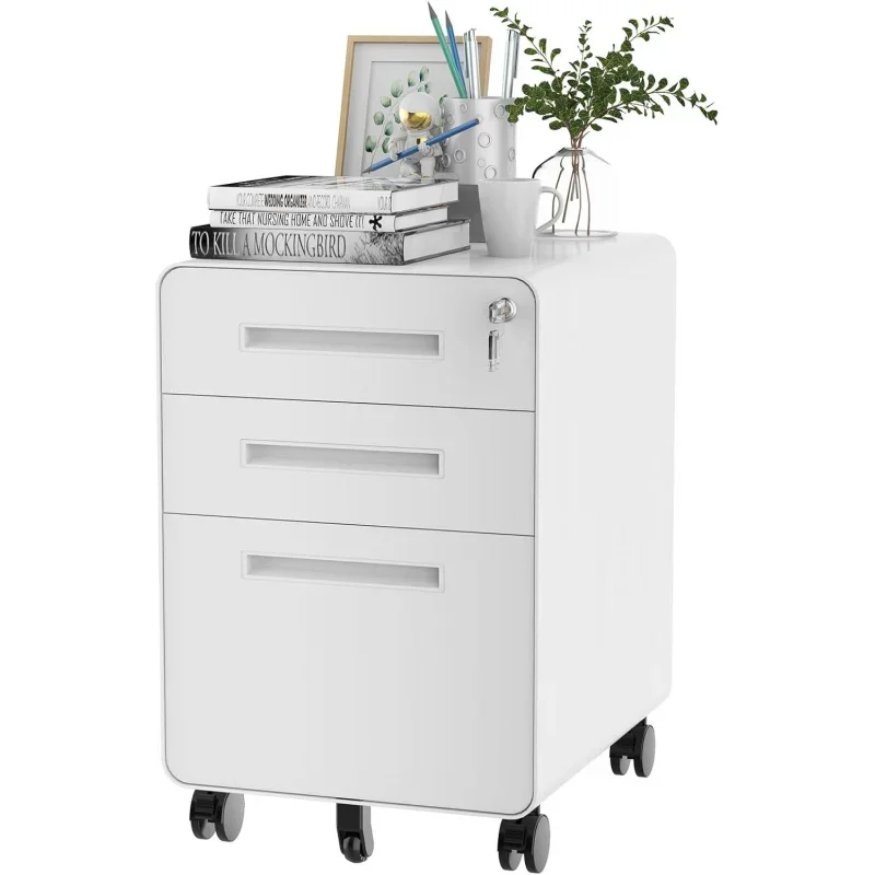 Mobile File Cabinet Home Office 3 Drawer  Under Desk Storage Filing  Legal/Letter/A4 ,Round Corner Design,White