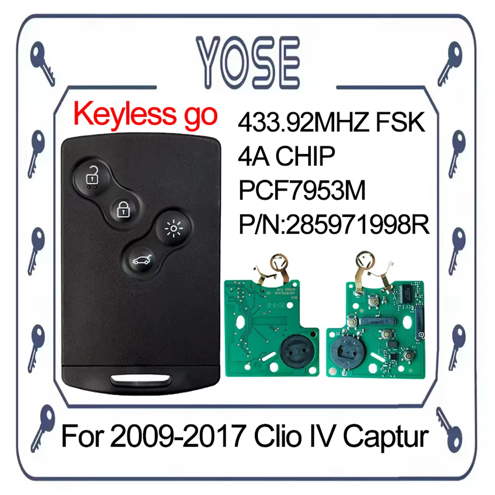 YOSE For Renault Clio IV Captur 2009 2010 2011 2012 2013 2014 2015 2017 4A Chip 433Mhz Keyless Smart Card Key 285971998R