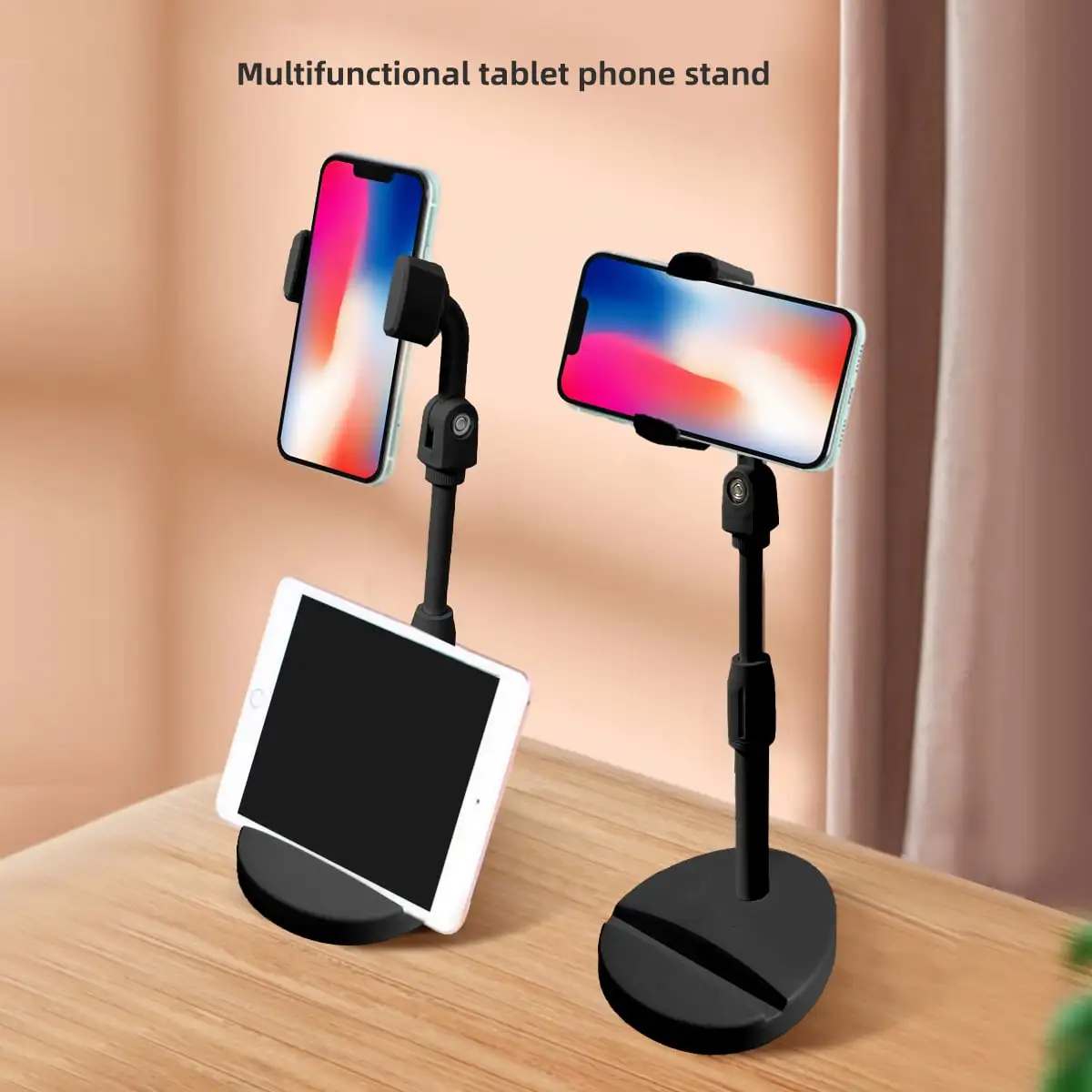 

Double slot lifting telescopic rotating multi-function desktop mobile phone and tablet computer stand