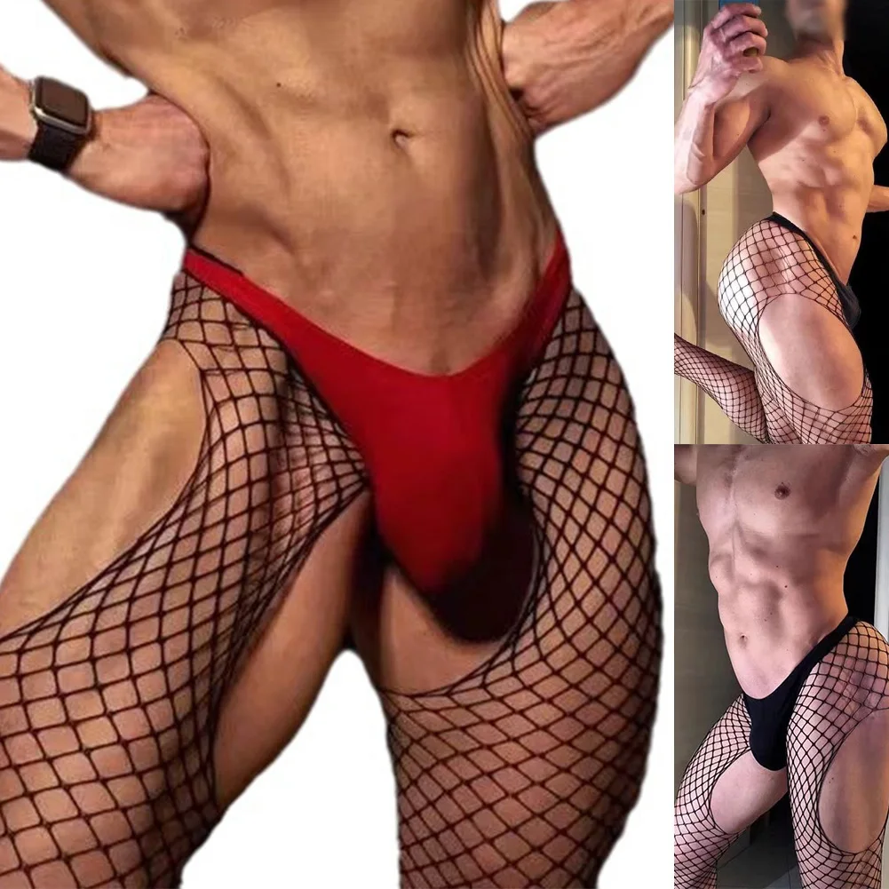 Novos homens sissy malha fishnet oco para fora virilha aberta meia-calça corpo meias lingerie roupa interior tentação erótica masculina meia