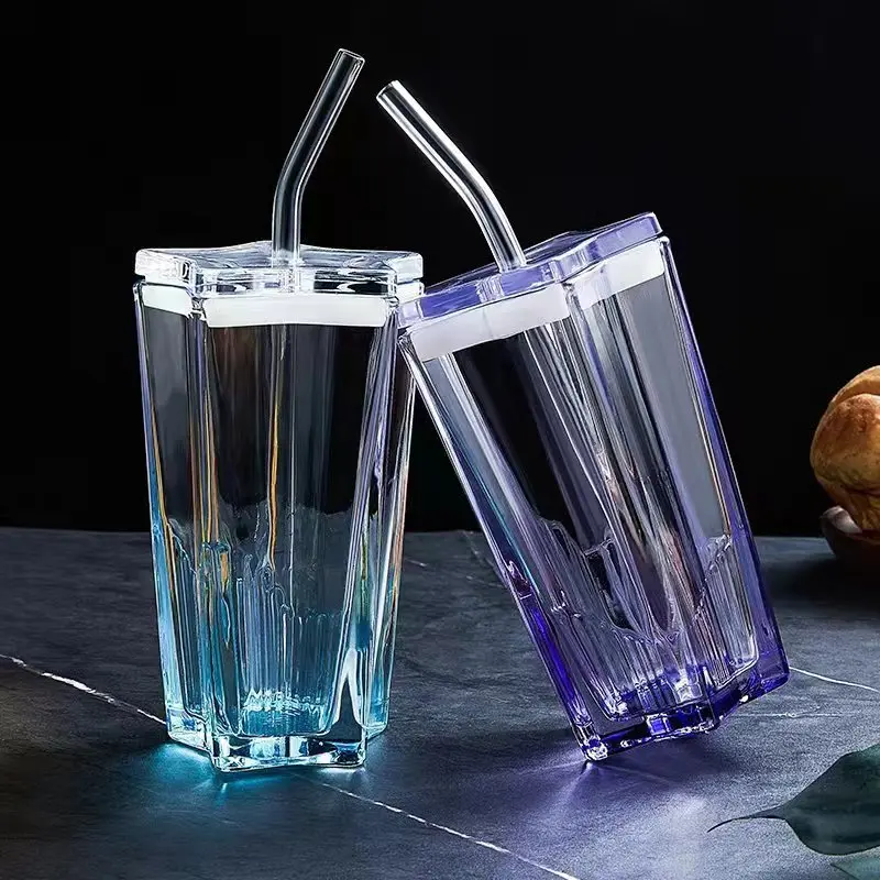 300ml pentagram glass gradient cup, covered cold drink cup, coffee drink cup, water dispenser (straw brush included upon order)