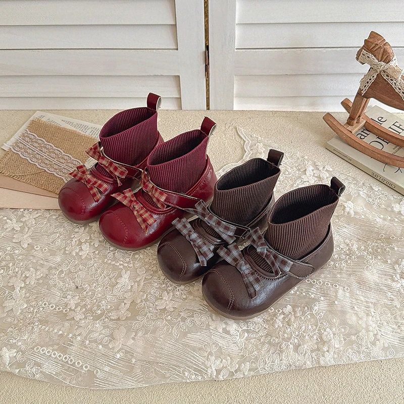 Toddler Girls Sock Ankle Boots Plaid Bow Decor Hook‑and‑Loop Soft Non‑Slip Sole Dress Shoes For Daily Wear
