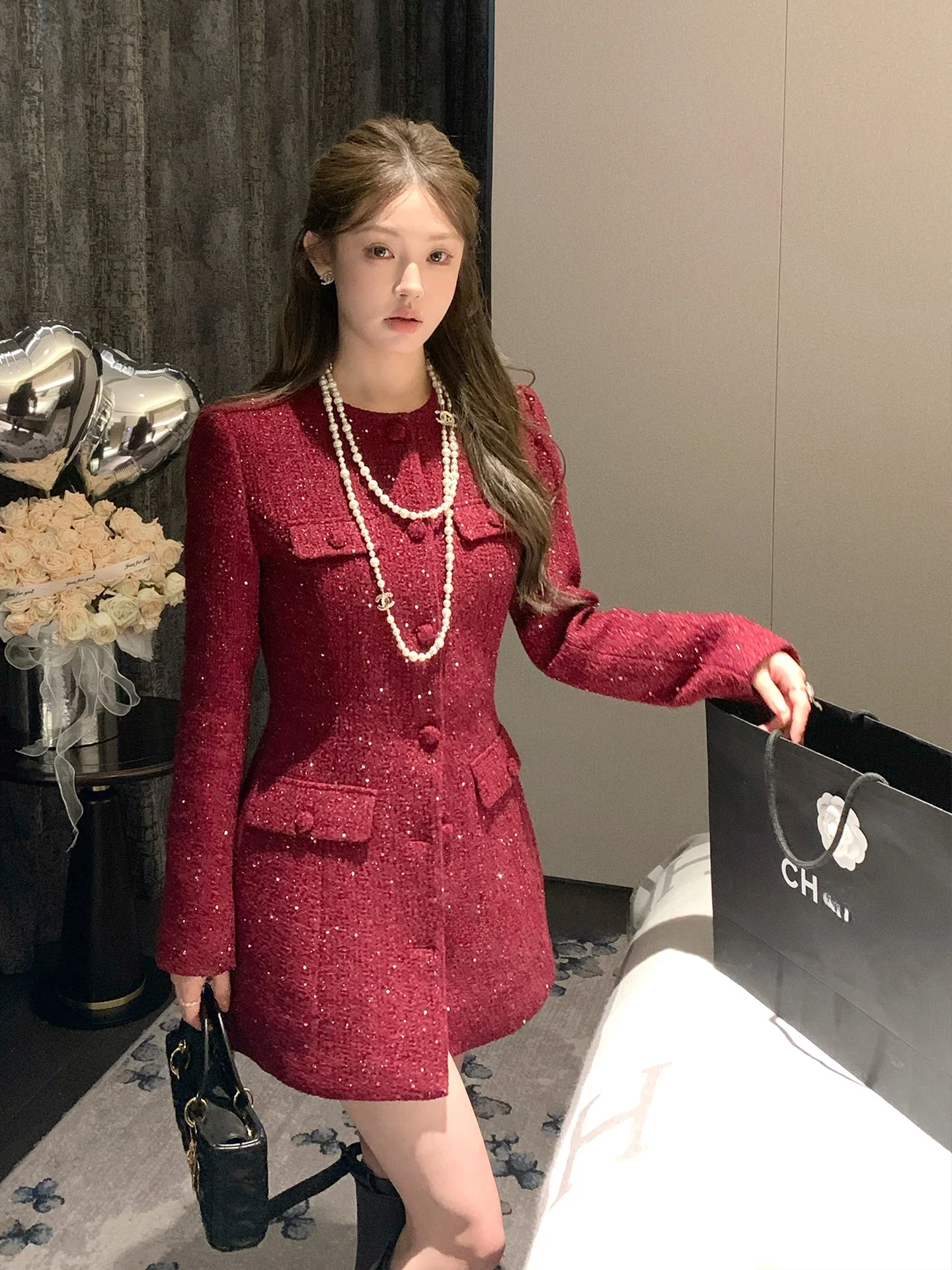 

FanyFloss Red Woolen Suit Jaet Women's Ele Slim Fit round Ne Mid-Length Open Cardigan iny Tead French Sle Commute