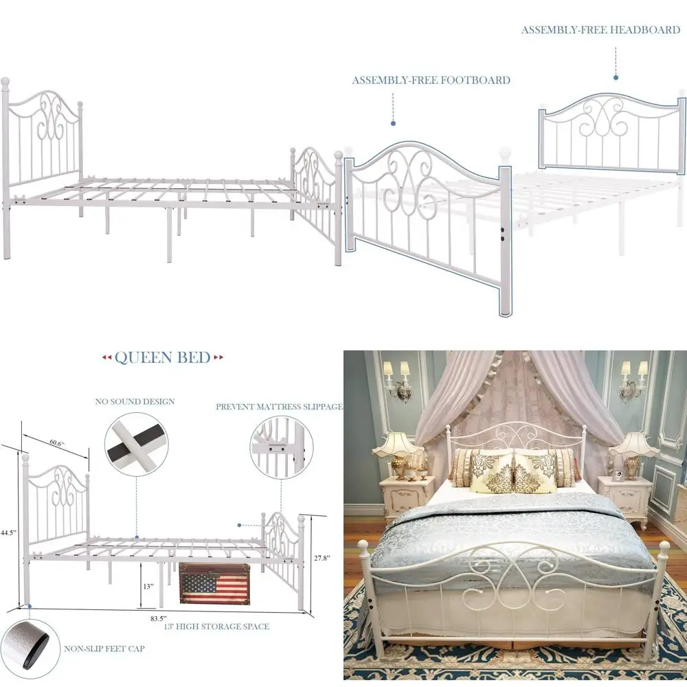 

Винтажная металлическая кровать размера Queen с изголовьем, не требует пружинного блока, серовато-белая