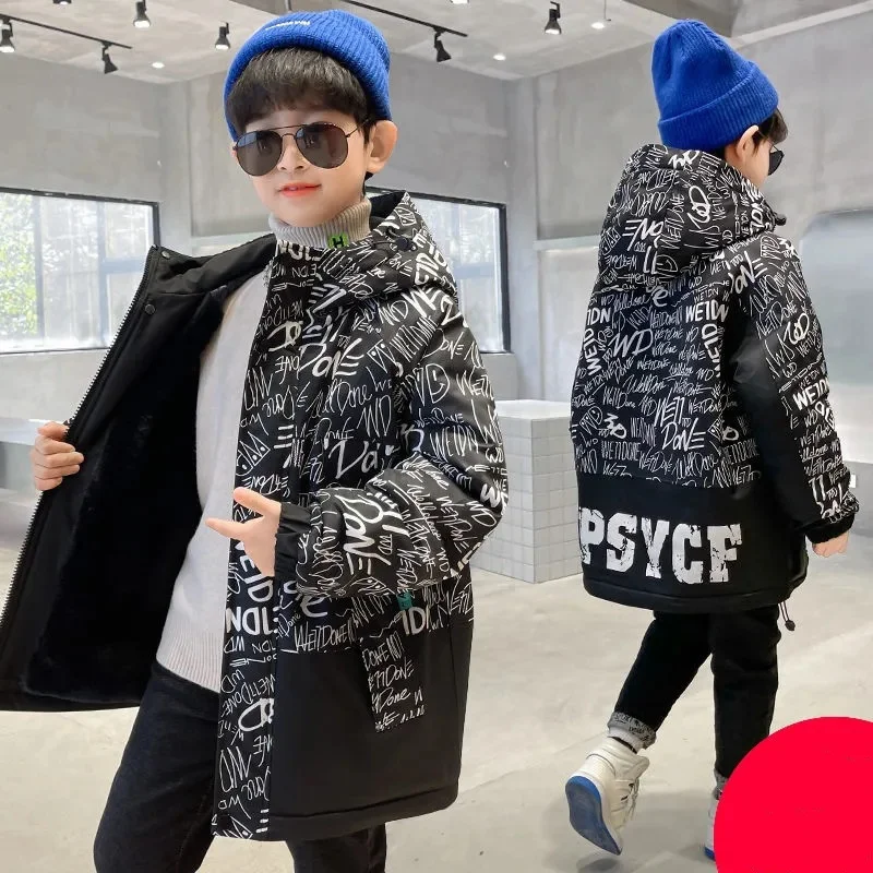 Boys Coat Jacket Overcoat Cotton 2022 Printed Warm Plus Velvet Thicken Winter  Christmas Children\'s Clothing