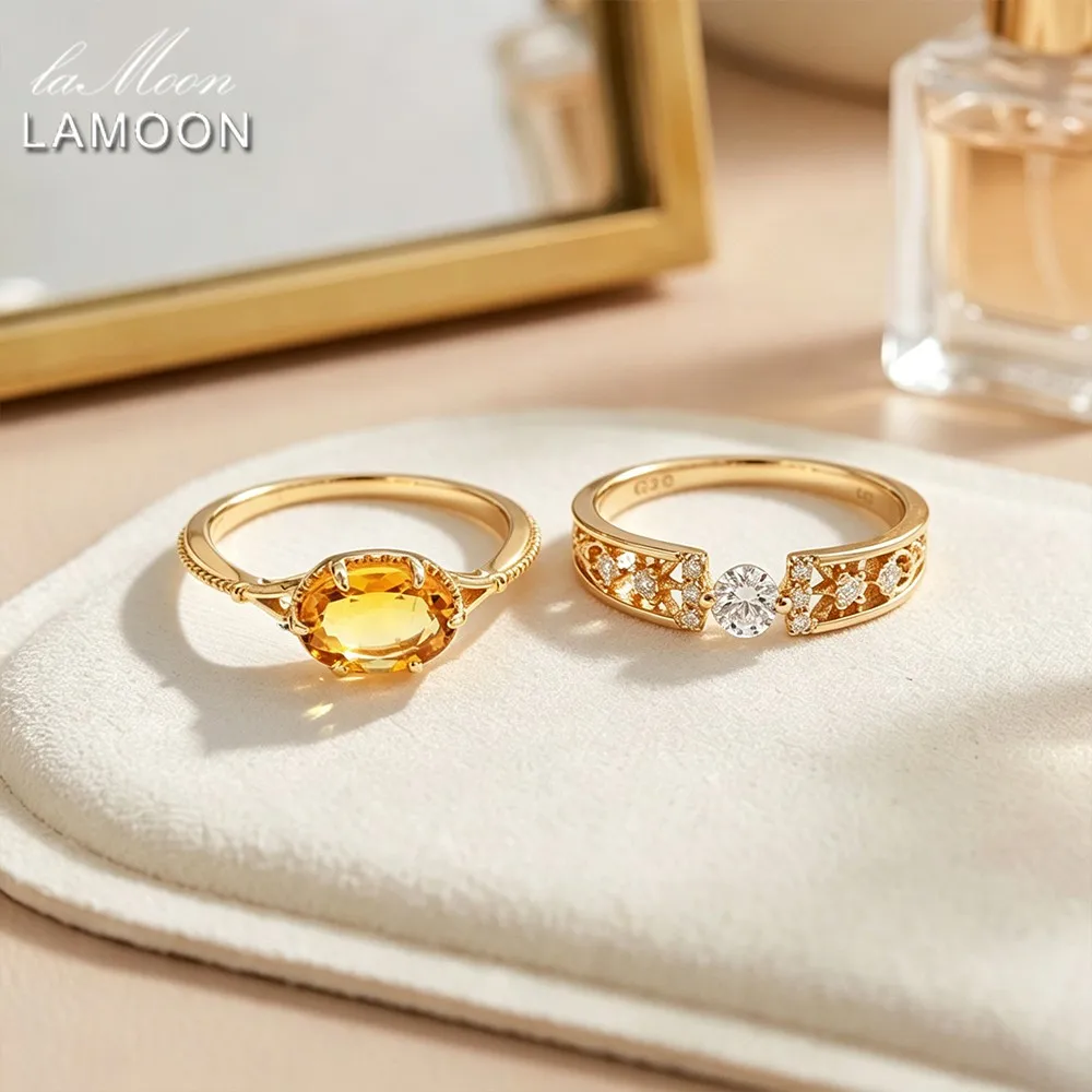 LAMOON Hollow Out Natural Gemstone Moissanite Ring For Women 925 Sterling Silver Gold Plated Fine Jewelry Accessories Engagement