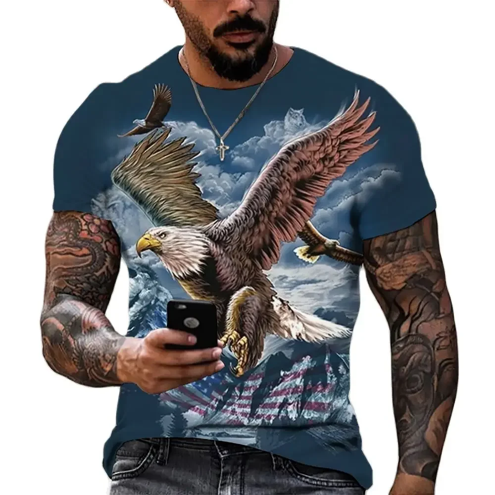 New Hot Fashion Popular Men's T-shirt Animal Printing 3D Eagle Printing T-shirt Summer Casual Short-sleeved Round Neck Vintage H