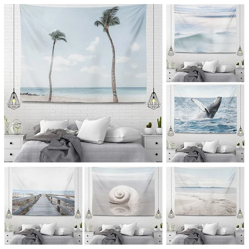 Seaside Scenery Tapestry Ocean Coconut Tree Beach Wall Hanging Hawaii Holiday Wall Blanket Cloth Home Bedroom Decor Tapestries