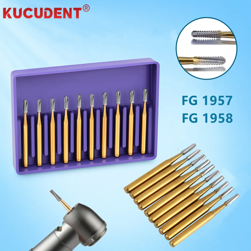 10 шт./кор., стоматологические карбидные боры, высокоскоростная вольфрамовая стальная корона, металлические режущие боры, дрель FG-1957/FG-1958, стоматологические инструменты, полировка