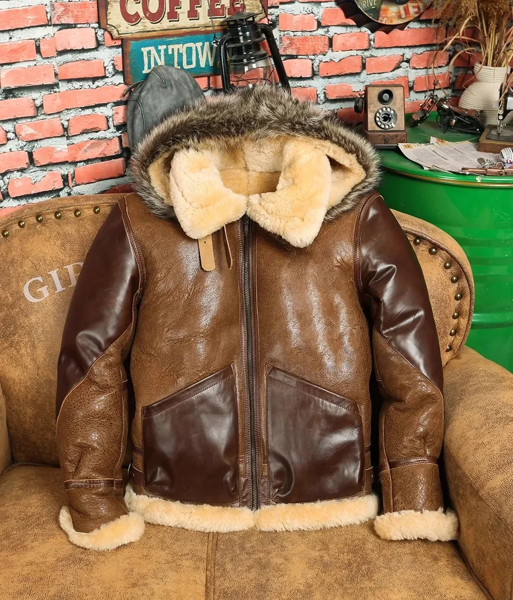 YR!Wholesales.Classic B3 bomber real fur jacket.Warm winter thick wool coat.Luxury genuine leather cloth,natural shearling