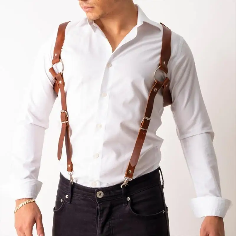 652F الجلود سترة الأشرطة الحمالات الحمالات الرجال تسخير حزام الشرير حزام الكتف الصدر #5