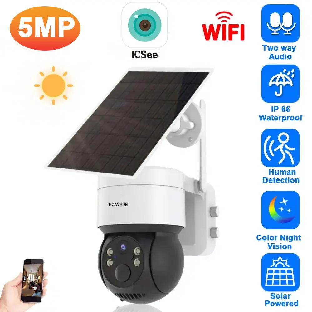 2K 5MP HD WiFi Solar Camera Outdoor PTZ IP Camera Bulit-in Recharge Battery Human Detection CCTV Video Surveillance Camera iCsee