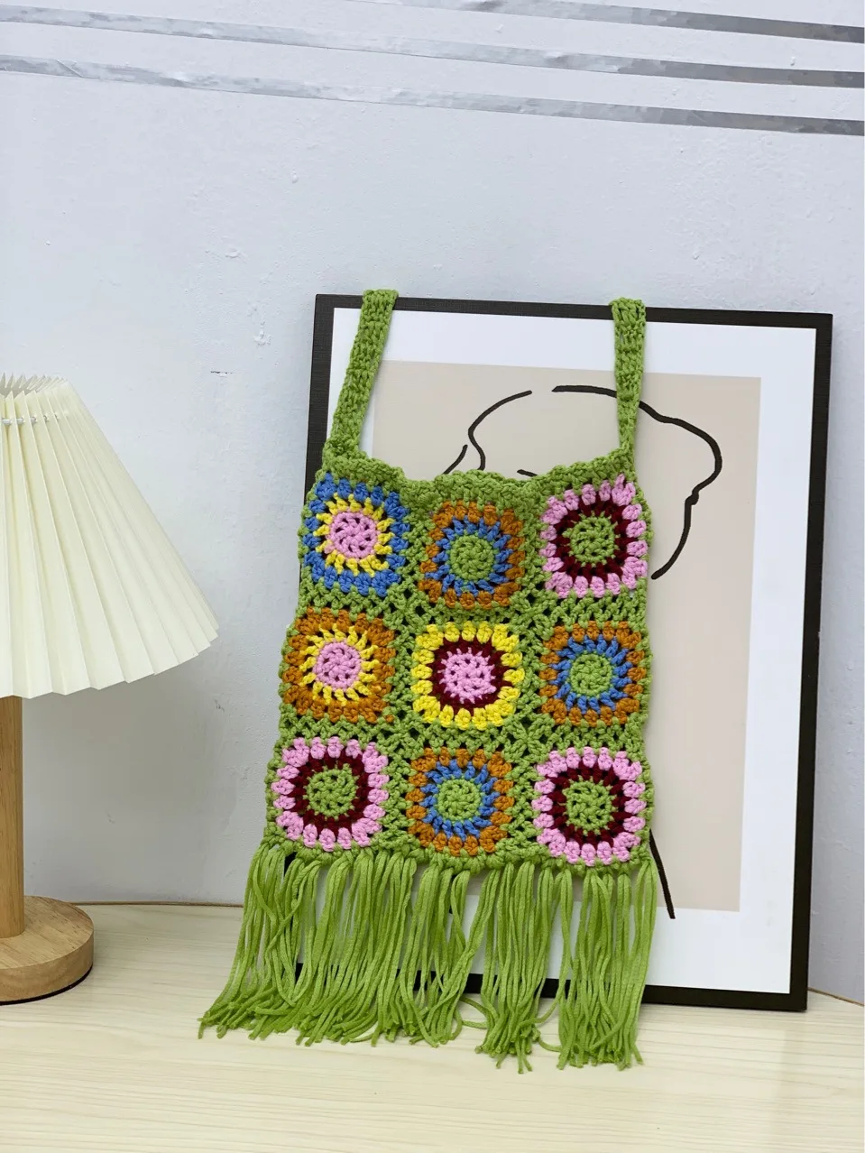 

Summer tassel Flower Print Crochet Shopper Bag Knitting Hollow Out Shoulder Beach Bag Casual Laziness-Style Handbag for Women