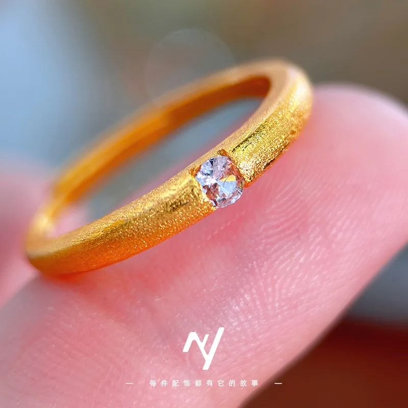 Light Luxury 9999 24K Real Gold Style White Diamond Brushed Pattern Women's Ring High-end Light Luxury Micro-paved Zircon Ring