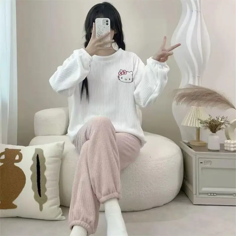 

Hot Kawaii Hello Kitty Women's Pajamas New Anime Pochacco Autumn and Winter Round Neck Cartoon Sweet Warm Girls Home Clothing