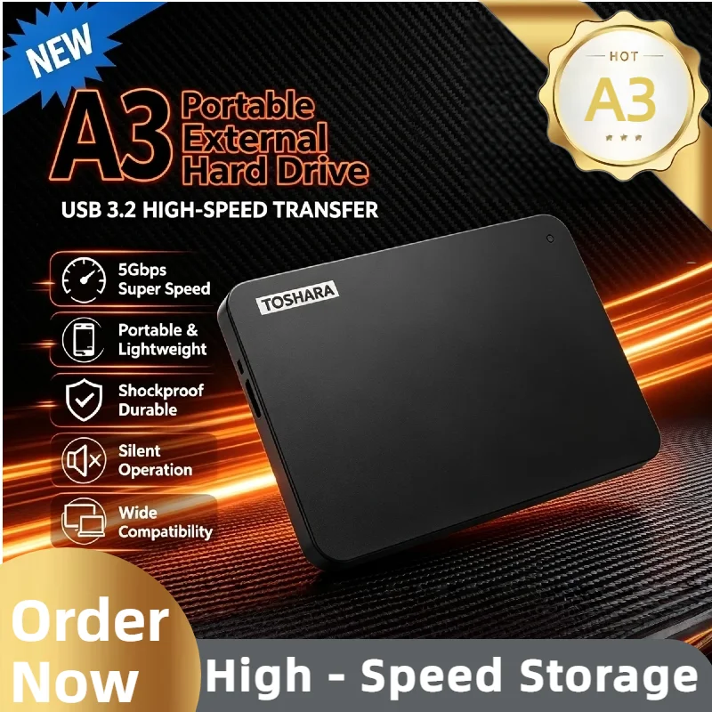 A3 Series New Portable USB3.0 SSD External Hard Drive, 500GB 1TB 2TB 4TB Black Solid State Disk for Gaming Console & Office Gift
