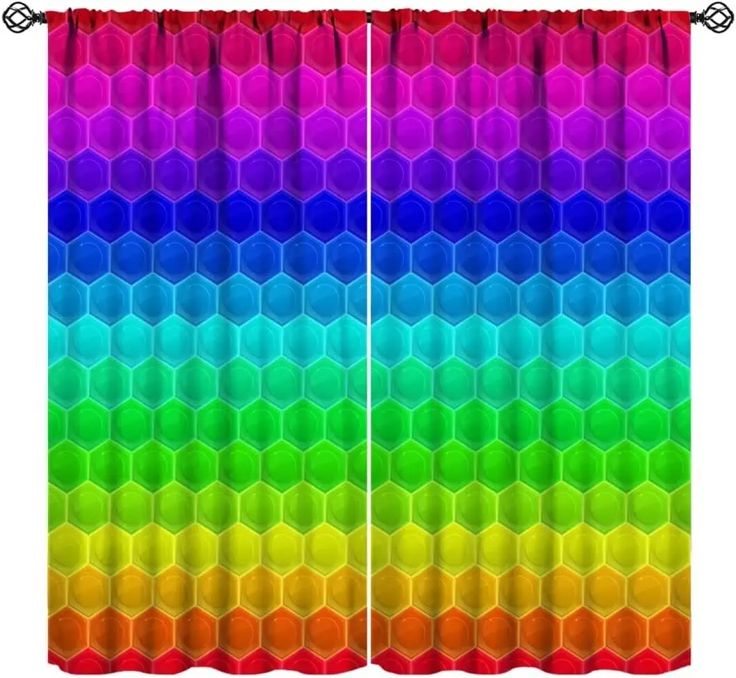 Colored Geometric Curtains,Rainbow Hexagonal Mosaic Abstract Colorful Geometric Print Window Drapes for Kids Boys Bedroom Living