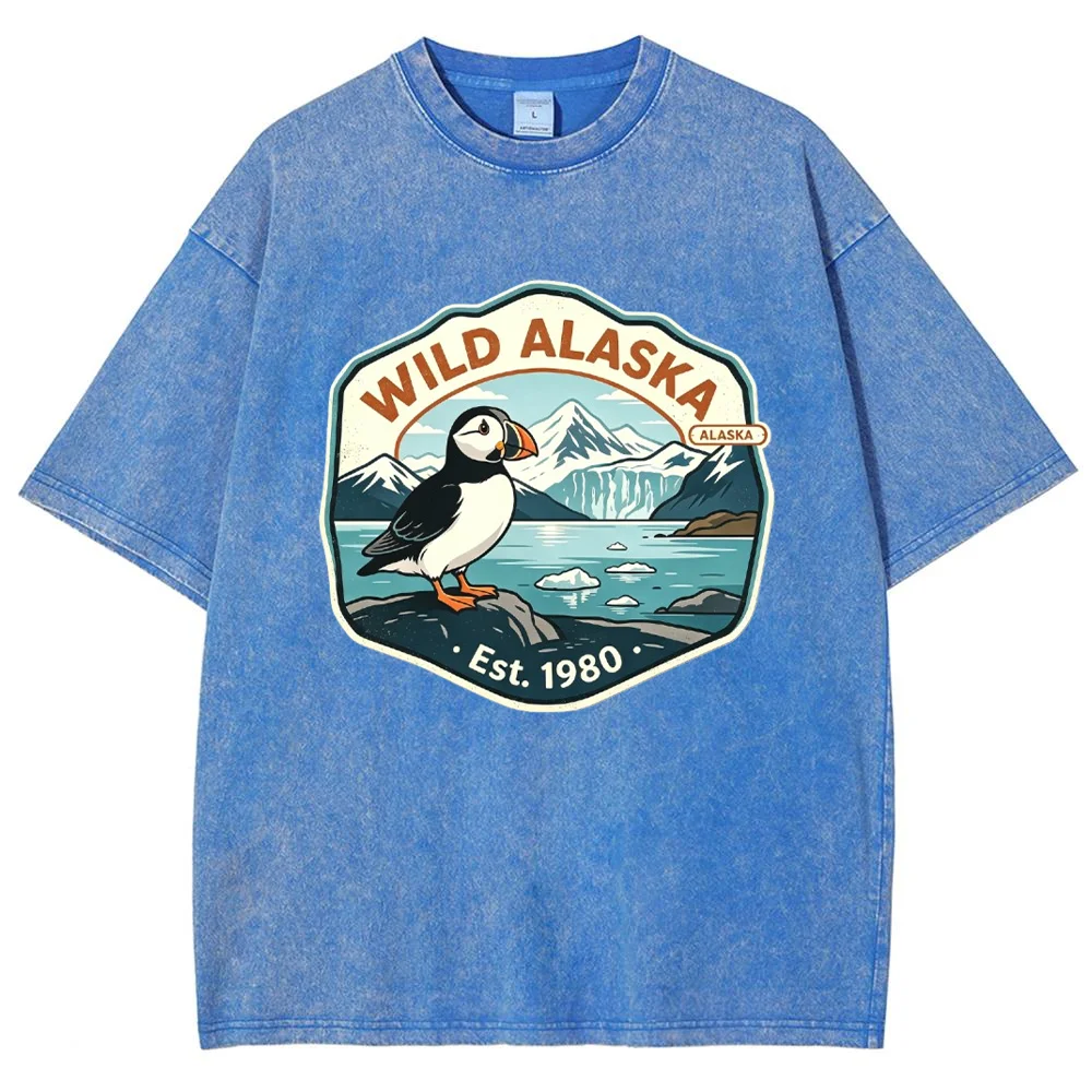 Wild Alaska Puffin Graphic T Shirt Men Women Vintage Washed Short Sleeve Casual Travel Outdoor Streetwear Tee ﻿