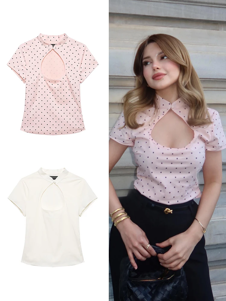 HH Women's Summer Cheongsam Neck Cutout Top, Polka Dot/White Short Sleeve Slim Blouse, Casual Date Work Basic Tee for 2026