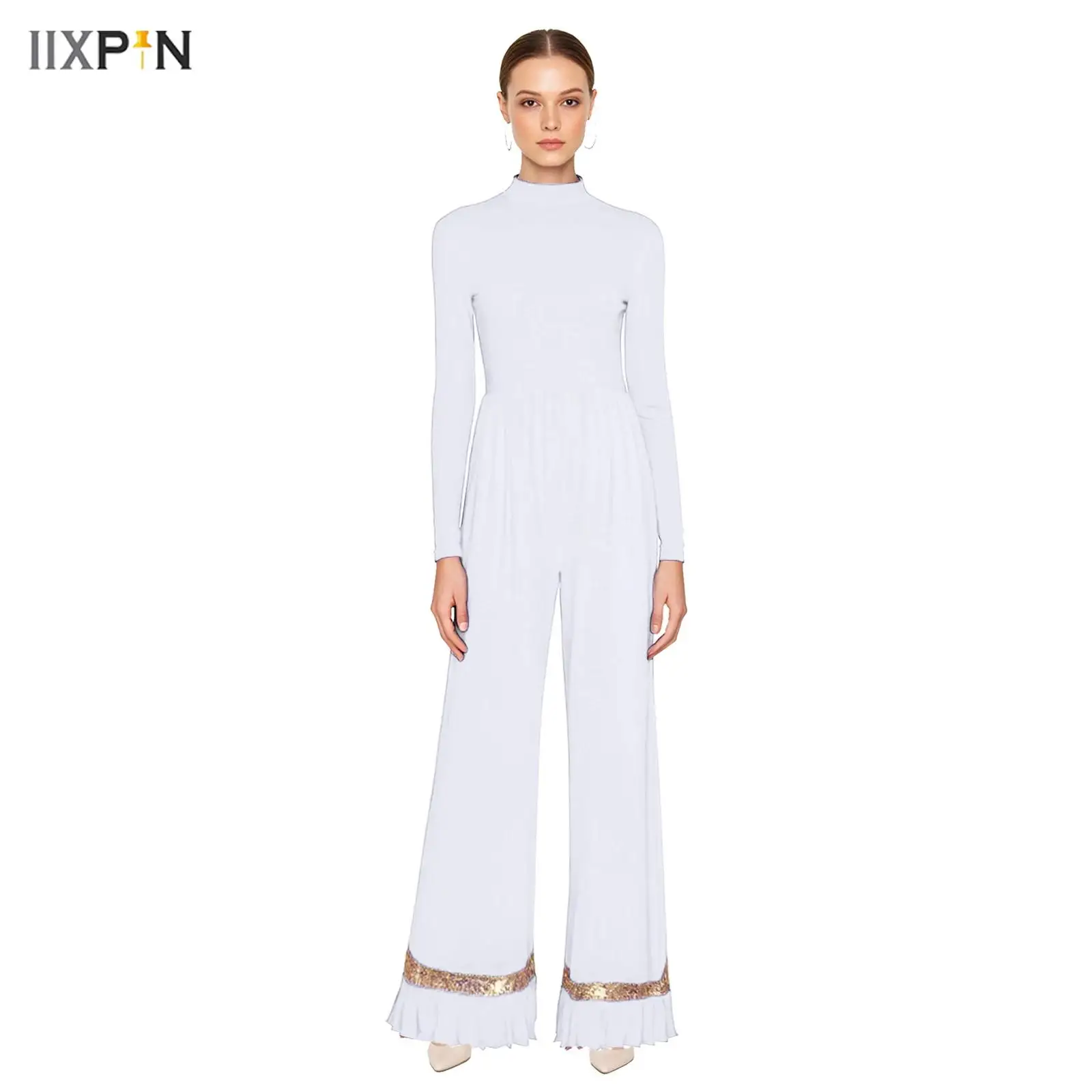 

Womens Worship Praise Church Rompers Long Sleeve Ruffled Mesh Trim Sequins Wide Leg Pants One-piece Jumpsuit for Lyrical Dance