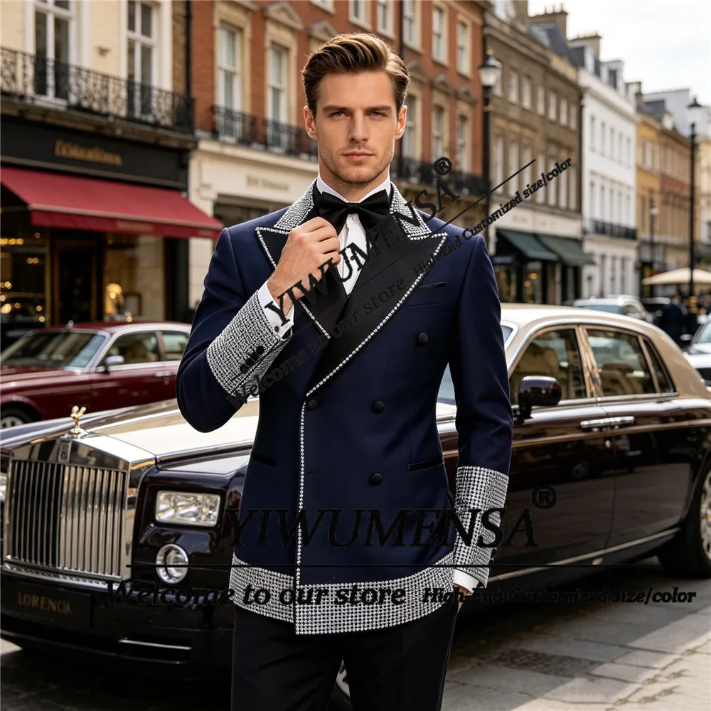 

Luxury Rhinestone Suits For Men 2 Pieces Set Jewelry Peak Label Wedding Groom Tuxedos Customized Beaded Blazer Pants Ropa Hombre