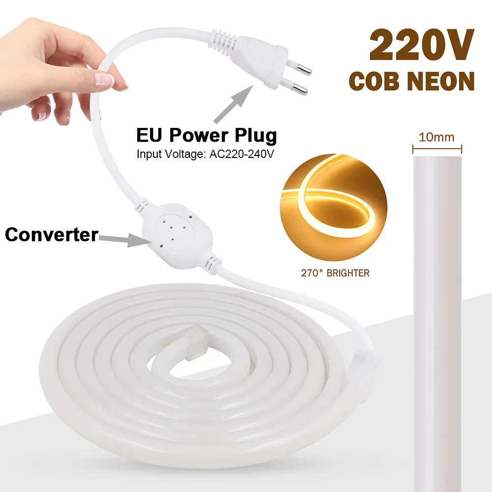 270 Degrees COB Neon LED Light Strip 220V Milk Silicone Tube Waterproof 288LED/m Flexible Led Linear Lighting EU Power Plug Kit