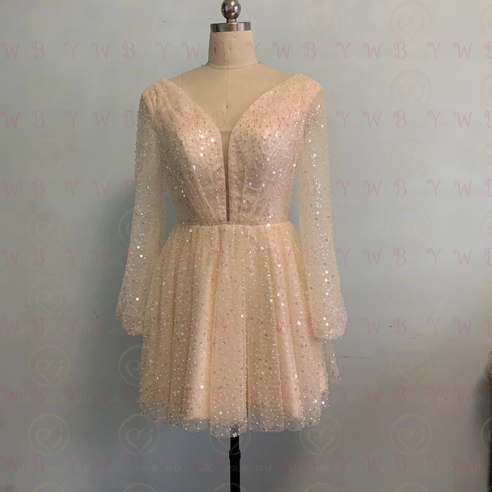 Mini robe de mariée à manches longues, courte, Sexy, moderne, Simple, brillante, scintillante, pour mariée, Champagne, bohème, Tulle de plage