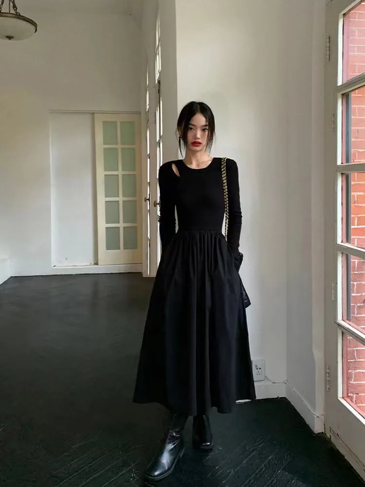 Vintage Hollow Out Black Dress Women Autumn Elegant Hepburn Style O Neck Midi Dress Y2K Harajuku Korean Splicing A Line Dress