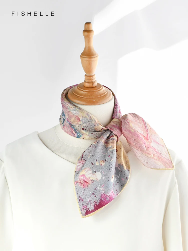 Oil painting pink small square twill pure silk scarf headscarf lady scarves foulard women hijab wrap spring autumn