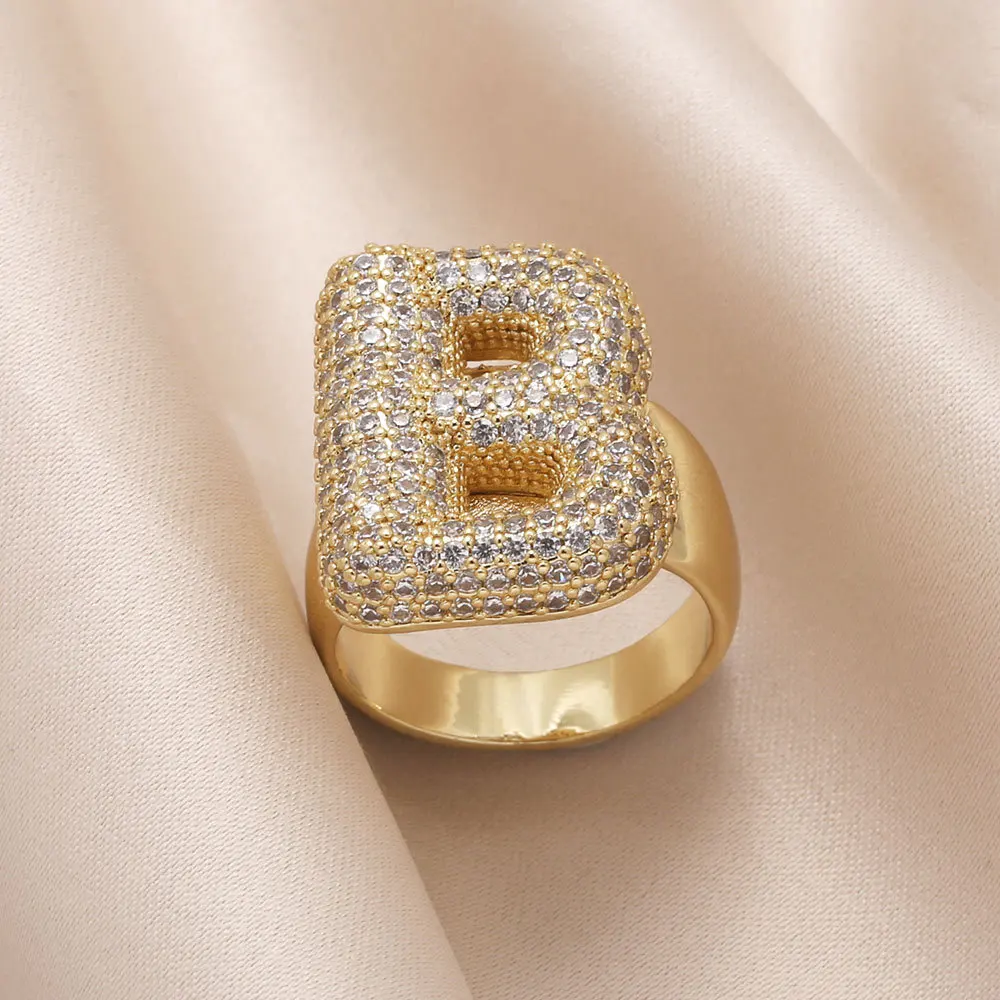 Fashion Vintage 26 A-Z Letter Rings Men and Women Micro-inlaid Zircon Trend Gold Plated Irregular Party Jewelry Gifts