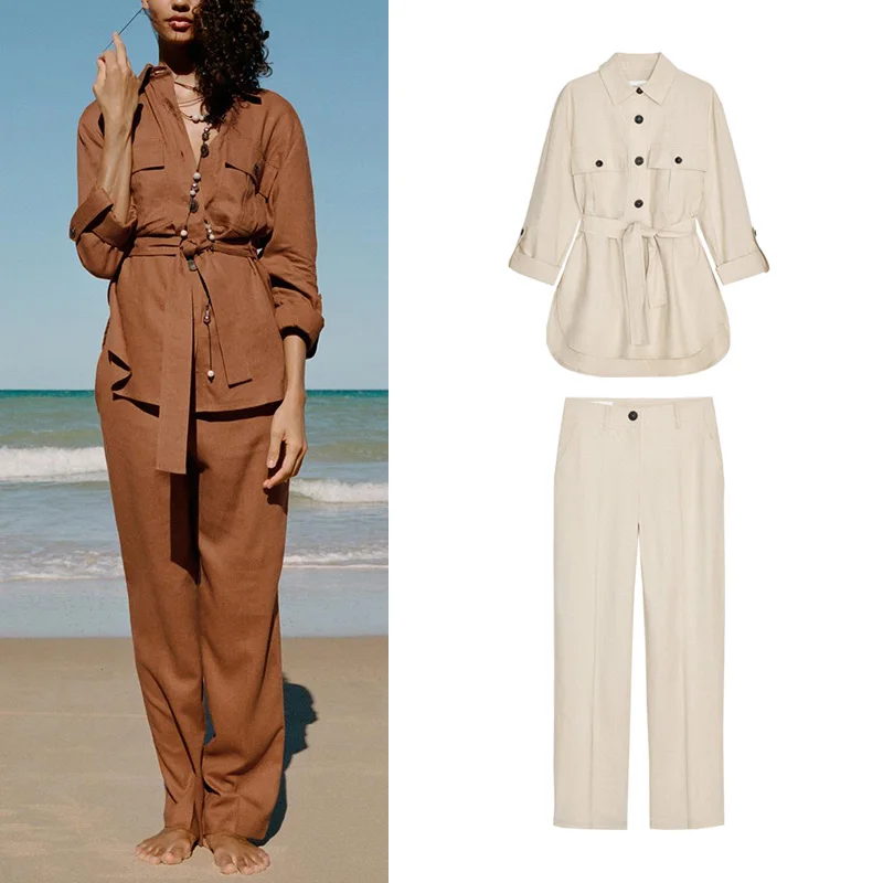 

Casual Linen Mix Hunt Suit Sle irt 3075 Straight Leg Casual Long Pants 30075 Faionable Two-Piece Set Summer 2025