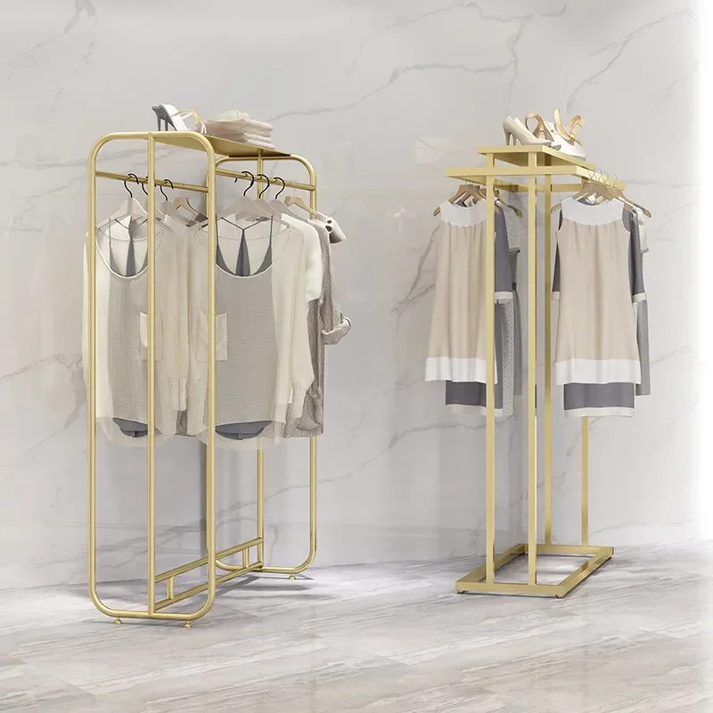 High-endClothing Store Display Rack, Gold Nakajima Double Row Shelf, Women's Clothing Store, Parallel Bar Clothes Rack, Double R