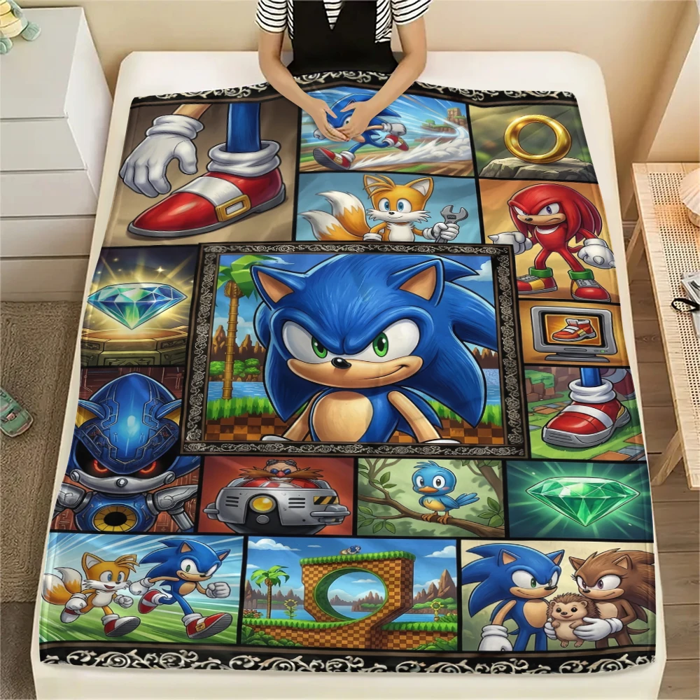 Sonic Hedgehog Graphic Flannel Blanket Warm Soft Print Throw for Bed Sofa Chair Travel Picnic Cozy Home Decoration-Xin