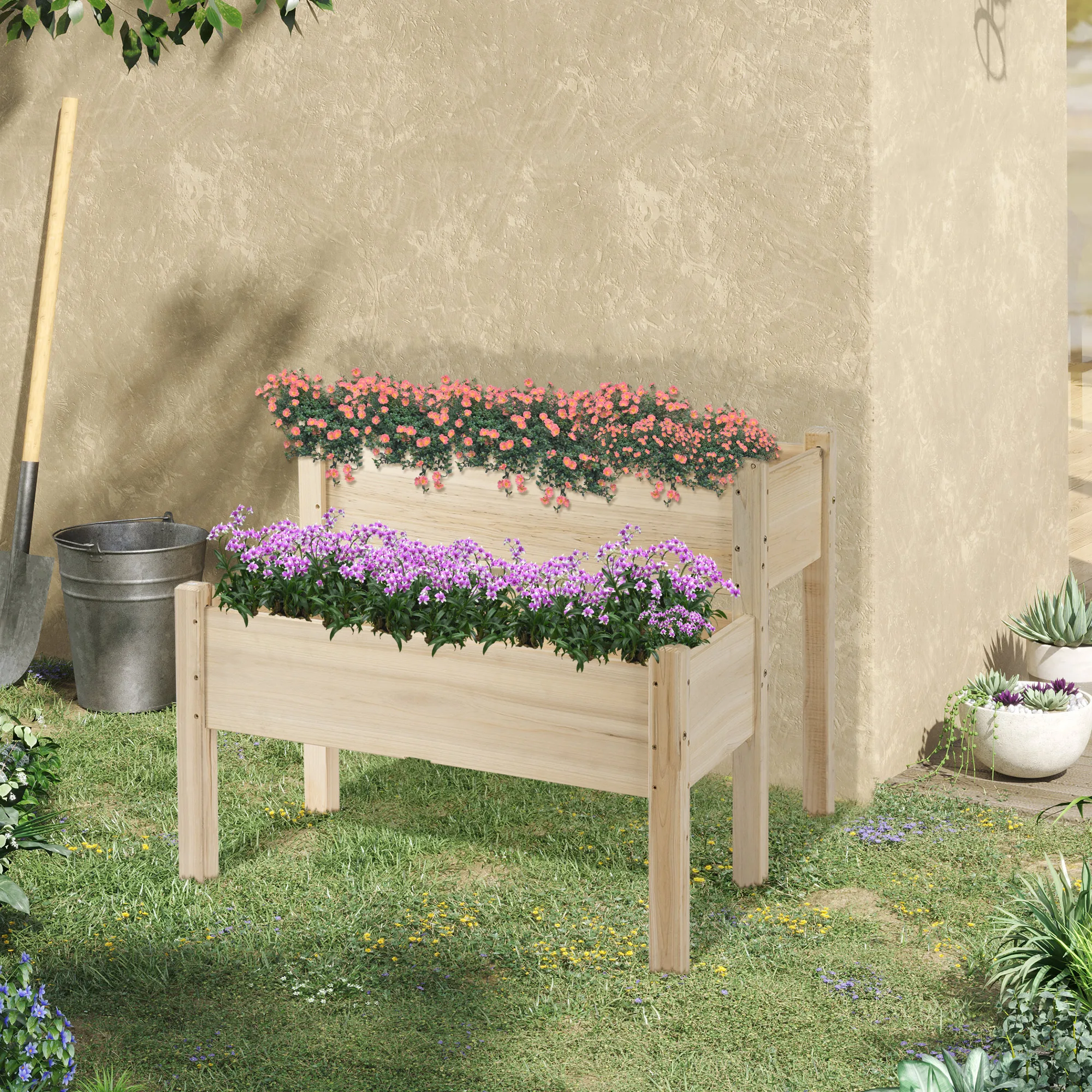 2-Tier Raised Garden Bed Wood Planter Stand Plant Grow Box, 34