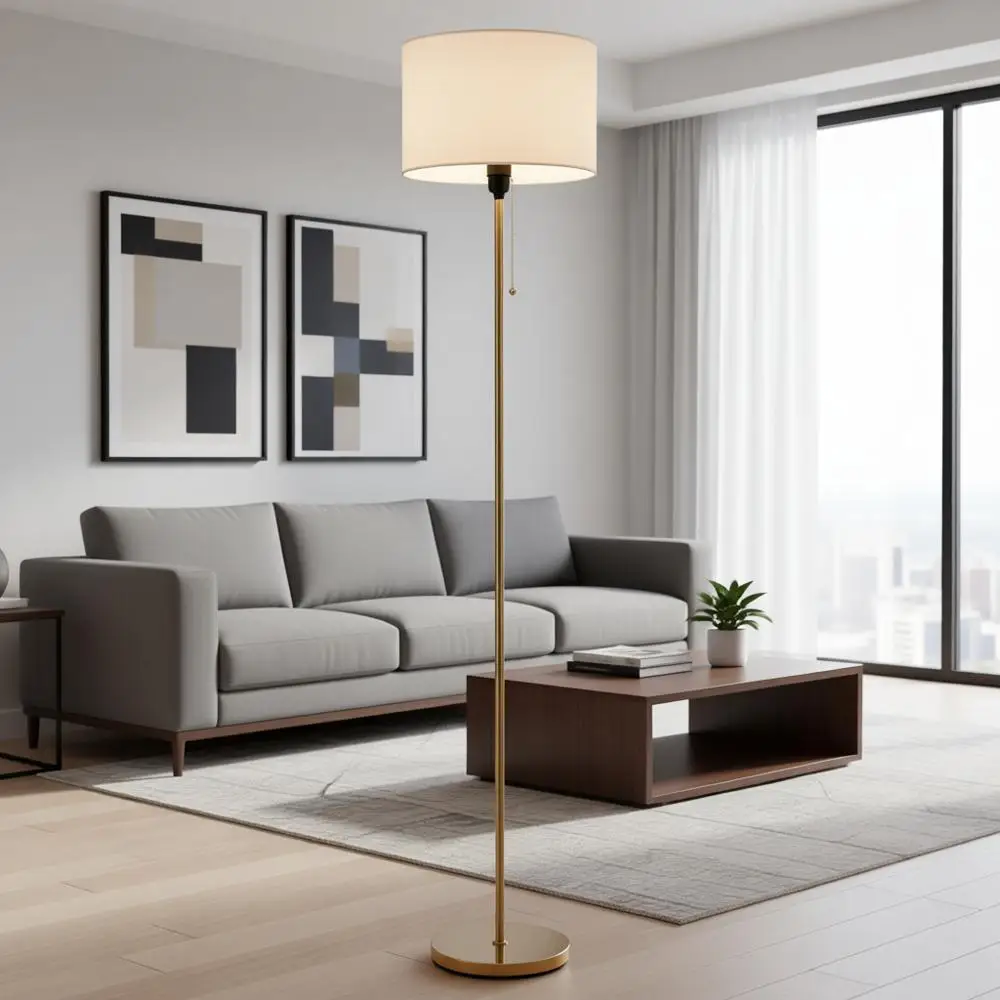 

Напольная лампа с абажуром-барабаном, выключатель на цепочке, цоколь E26, минималистичный дизайн, подходит для гостиной, спальни, прихожей.